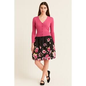 KAY UNGER silk blend black/pink/purple/ floral bubble hem skirt size 8 beading